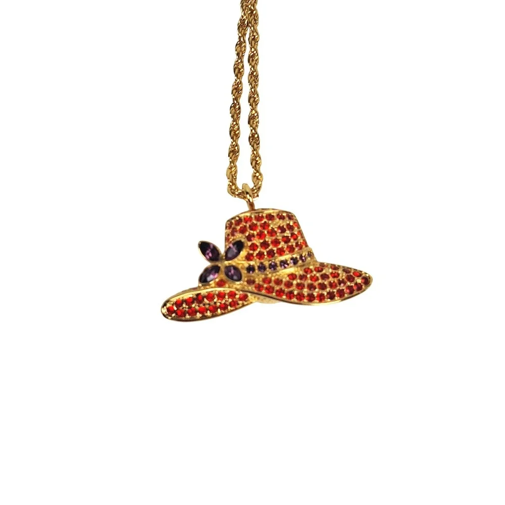 Xanadu Red Rhinestone Sun Hat Pendant Watch Gold Tone Rope Chain Vintage Novelty